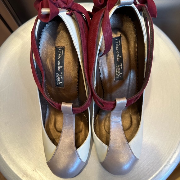 Handmade Marcello Toshi Cream Gold Leather with Velvet Maroon Ties size 7 - Picture 7 of 13